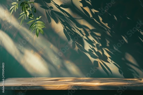 Empty table and darkgreen wall. Table with sun reflections and leaves shadows on beige wall. Background with bokeh for product presentation.Mock up for presentation - generative ai