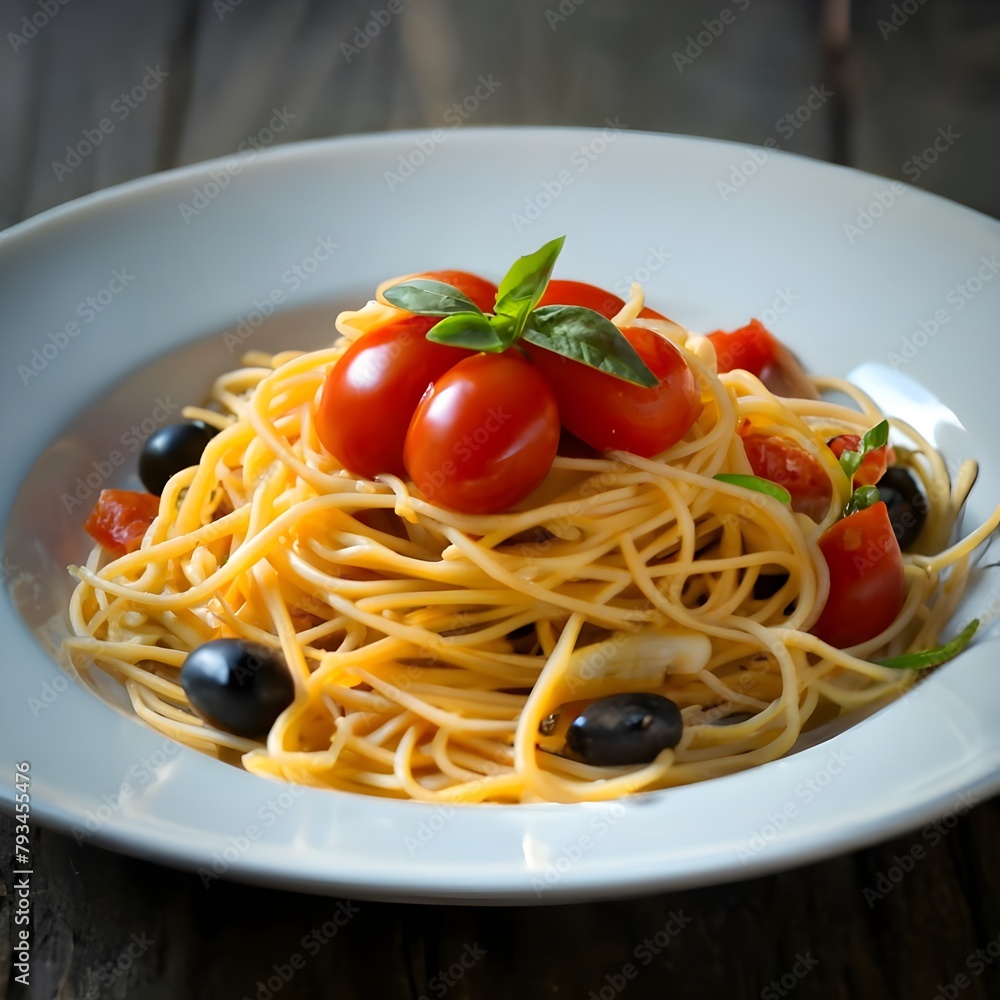 an elegant plate of spaghetti is surrounded by tomato and olives, stock photos, stock images, life stock, food stock images an elegant plate of spaghetti is surrounded by tomato and olives, stock photos, stock images, life stock, food stock images