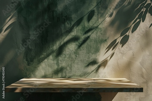 Empty table and darkgreen wall. Table with sun reflections and leaves shadows on beige wall. Background with bokeh for product presentation.Mock up for presentation - generative ai