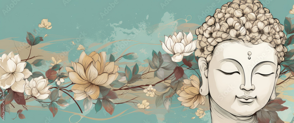 Fototapeta premium golden buddha face and 3d Modern line art floral design with white flowers and leaves on a pastel background
