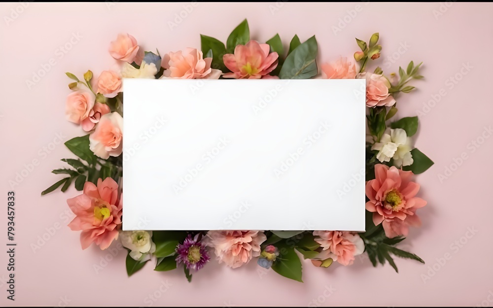 Postcard with a big blank sheet surrounded by holographic shade exotic poppies on a pink background, silk blue ribbon aside, bokeh glitter floating, template for mother's day, March 8, Valentine'