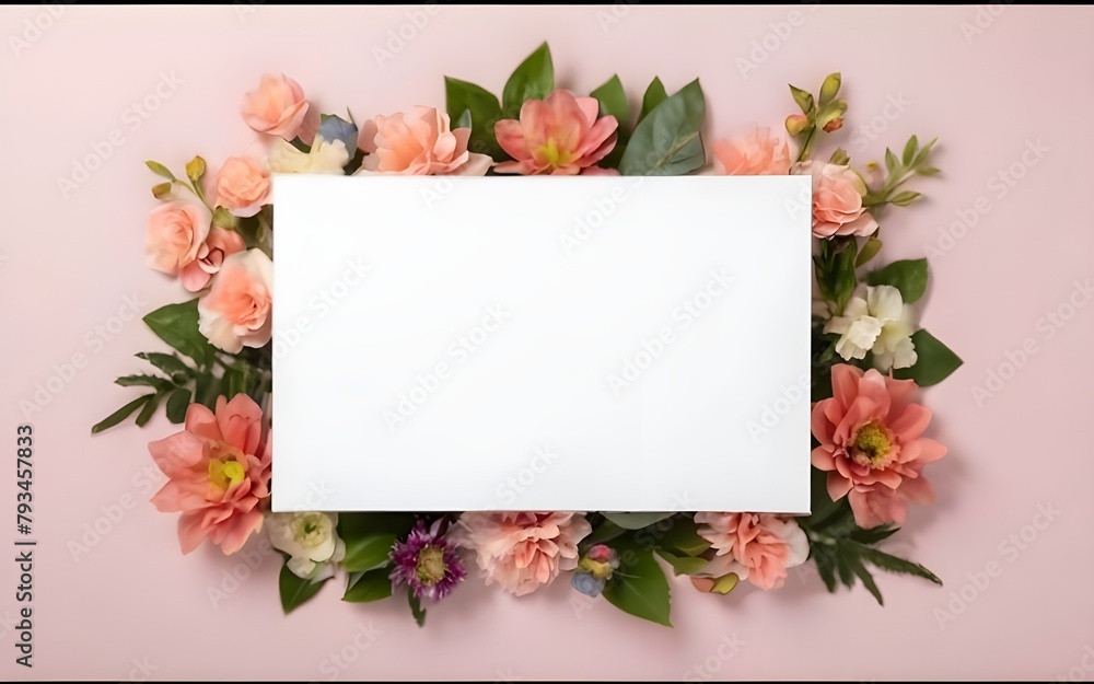Obraz premium Postcard with a big blank sheet surrounded by holographic shade exotic poppies on a pink background, silk blue ribbon aside, bokeh glitter floating, template for mother's day, March 8, Valentine'