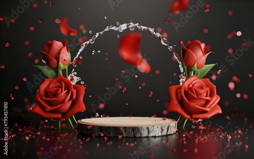 empty wooden podium with red roses bursting with splash of water in blurred vison around, dark seductive with bokeh red glitters floating in air like background, beauty template mockup, 3d render

