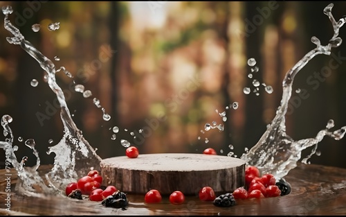empty wooden podium with berries bursting with splash of water in blurred vison around, forest like background, beauty template mockup, 3d render photo