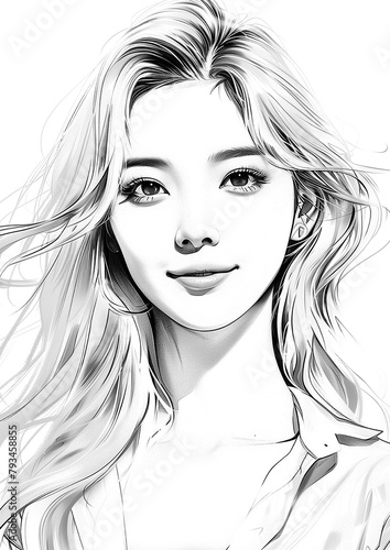 Female virtual K-pop idol coloring book. Korean Girls model with black and white line.