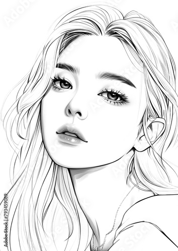 Female virtual K-pop idol coloring book. Korean Girls model with black and white line.