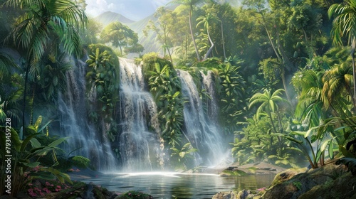 A conservation-themed backdrop showing efforts to preserve the natural beauty of a forest waterfall area 