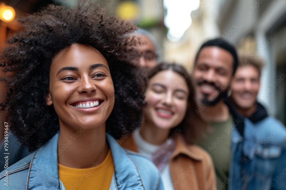 Portrait of a group of smiling multiethnic friends standing together in the street Portrait of a group of smiling multiethnic friends standing together in the street