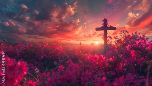 Ascension Day, beautiful cross in the distance with vibrant pink and red flowers, sunset, cinematic photography photo