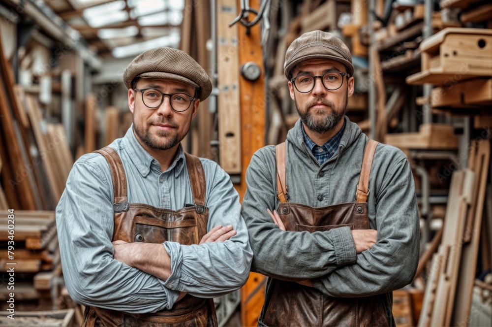 portrait of mature woodworkers with crossed arms standing with crossed arms