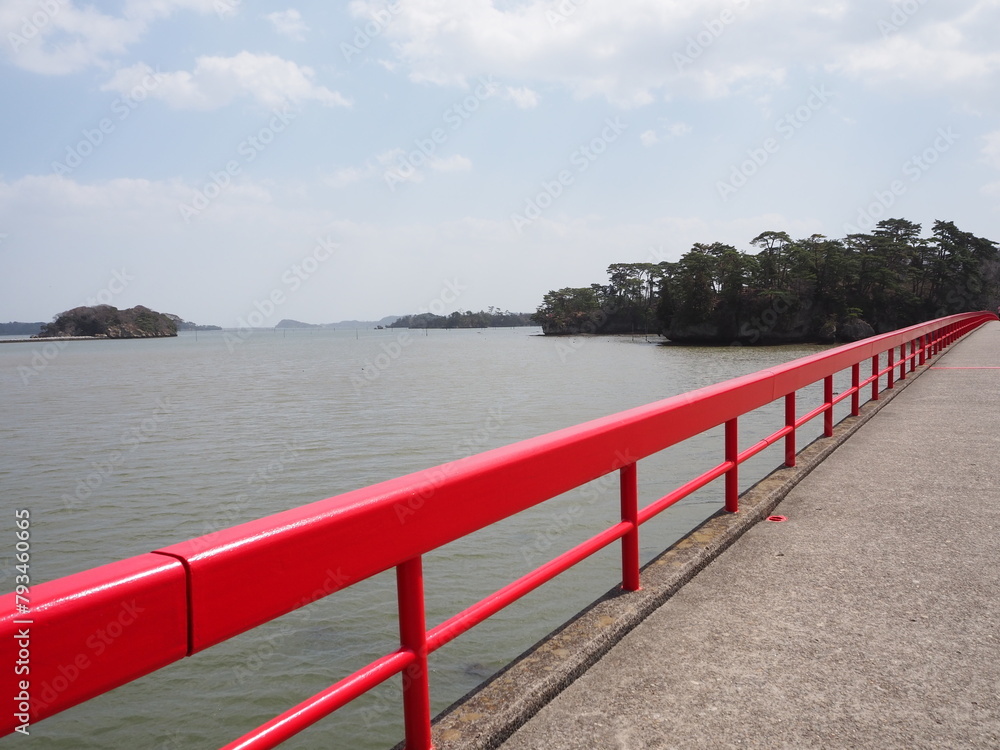 Fukuura island accessible via a long red bridge in matsushima bay