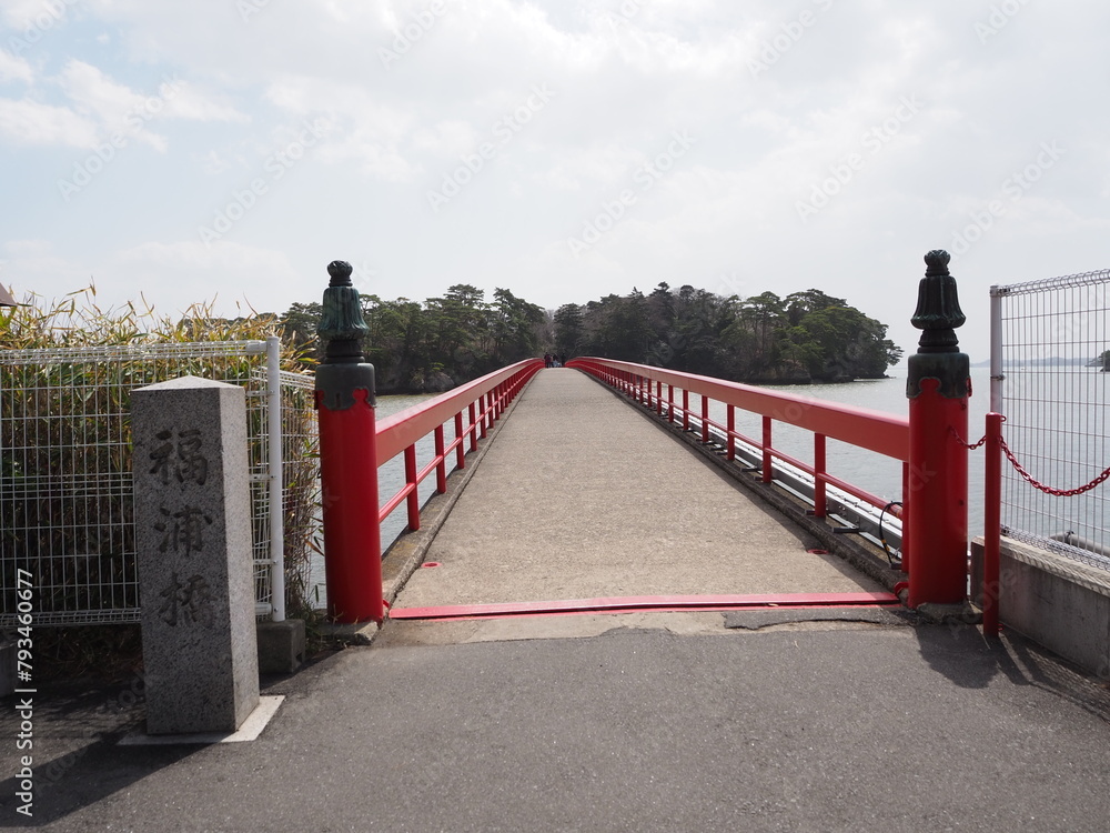 Fukuura island accessible via a long red bridge in matsushima bay Fukuura island accessible via a long red bridge in matsushima bay