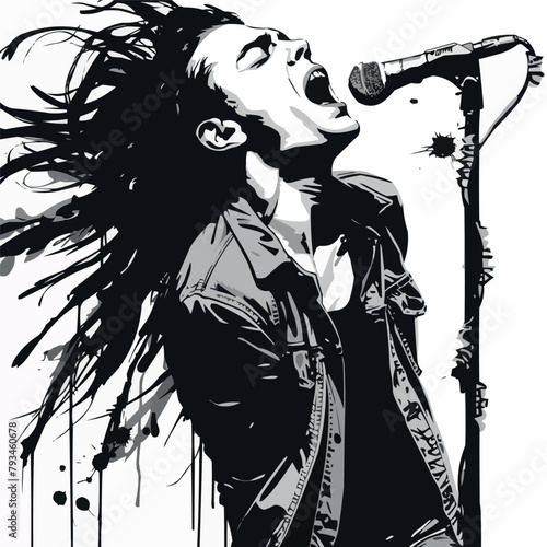 a black and white drawing of a man with dread hair singing into a microphone, vector