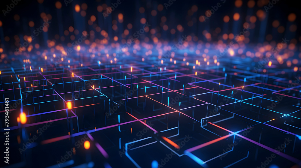 Obraz premium Digital technology dots and lines grid as detailed glowing neon landscape PPT background