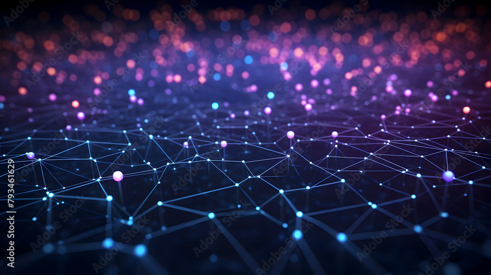 Fototapeta premium Digital technology dots and lines grid as detailed glowing neon landscape PPT background