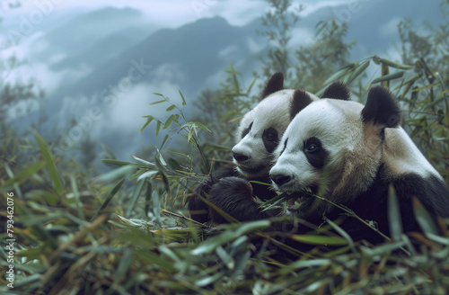 two pandas eating bamboo on the grassy ground, with green grass and a rocky cliff in the background in natural lighting on a sunny day