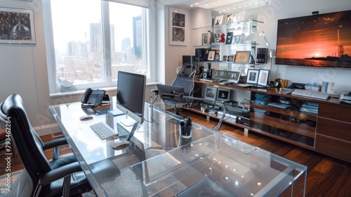 A contemporary home office with a transparent glass desk, ergonomic chair, and high-tech gadgets
