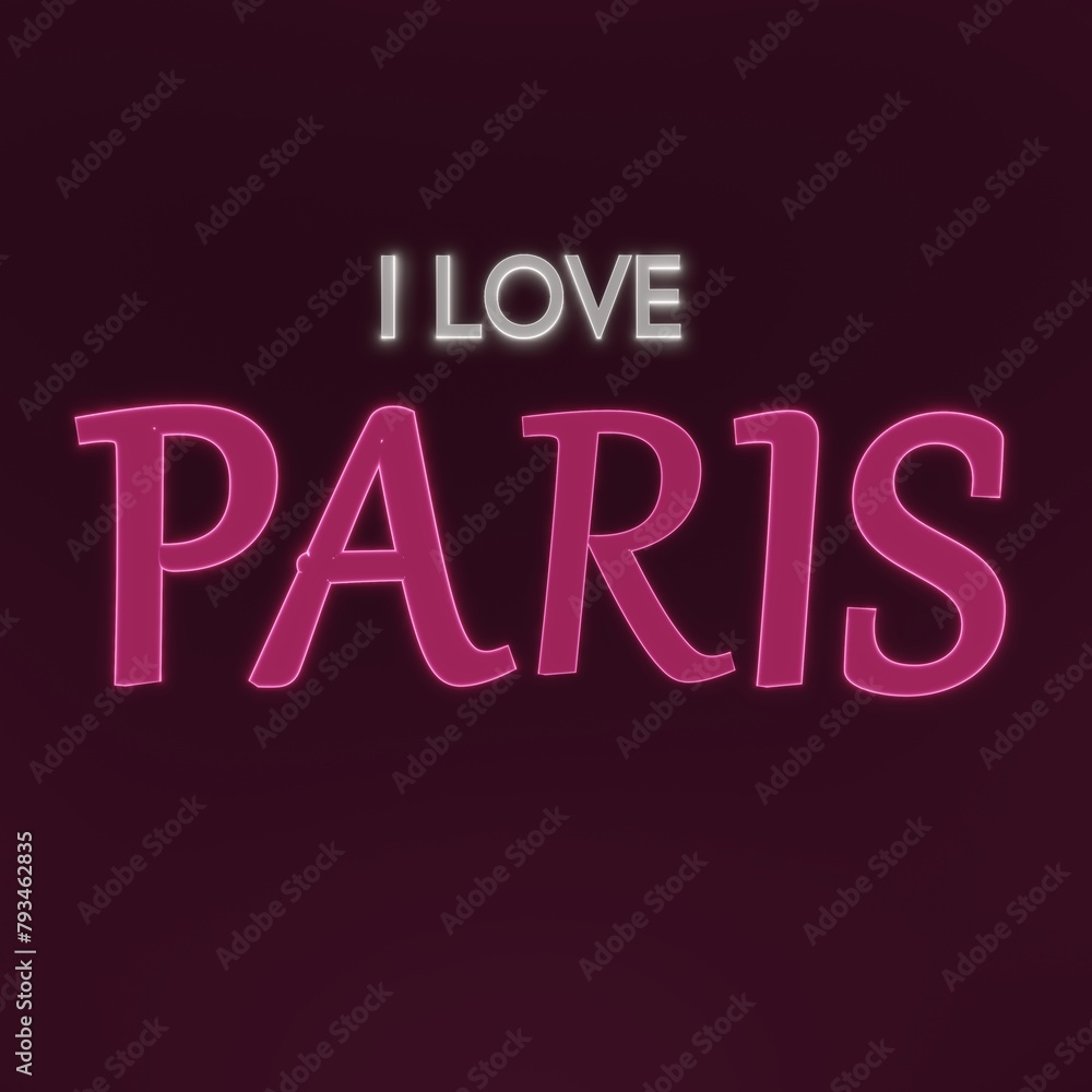 I LOVE PARIS neon pink text isolated on dark pink background.