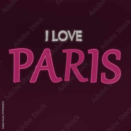 I LOVE PARIS neon pink text isolated on dark pink background.