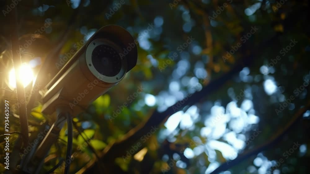 Closeup of a surveillance camera hidden a the trees capturing footage of poachers illegally entering a protected reserve at night. The camera is a crucial tool in monitoring and catching . Closeup of a surveillance camera hidden a the trees capturing footage of poachers illegally entering a protected reserve at night. The camera is a crucial tool in monitoring and catching .
