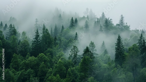 Enigmatic scene of a fog-covered forest  showcasing the tranquility and mystery of nature