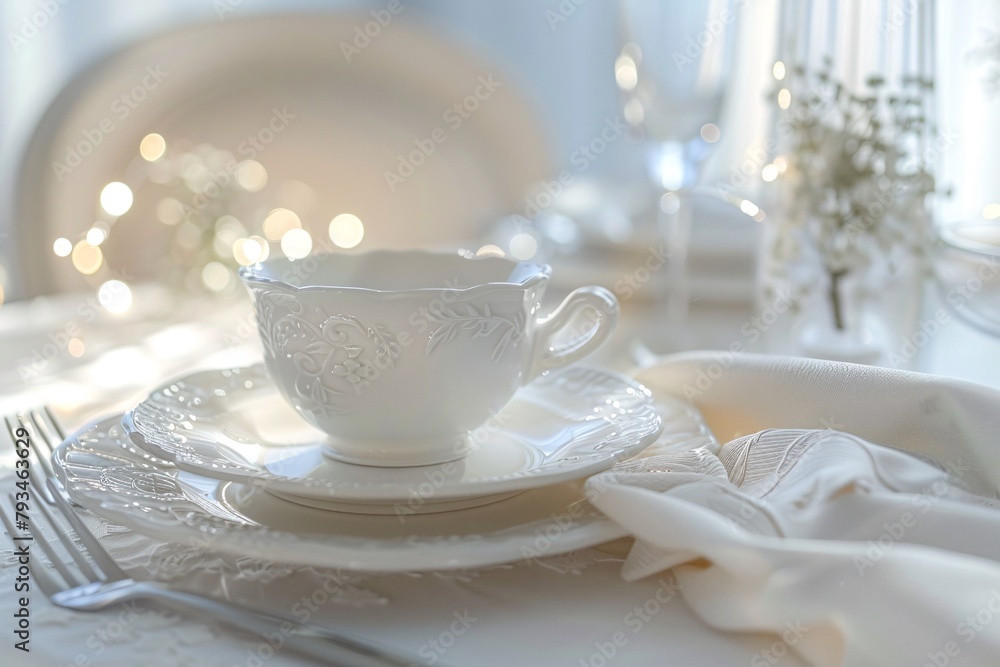 Fototapeta premium Elegant dining setup featuring a white embossed tea cup on matching plates, with soft lighting and blurred background, giving a serene look.