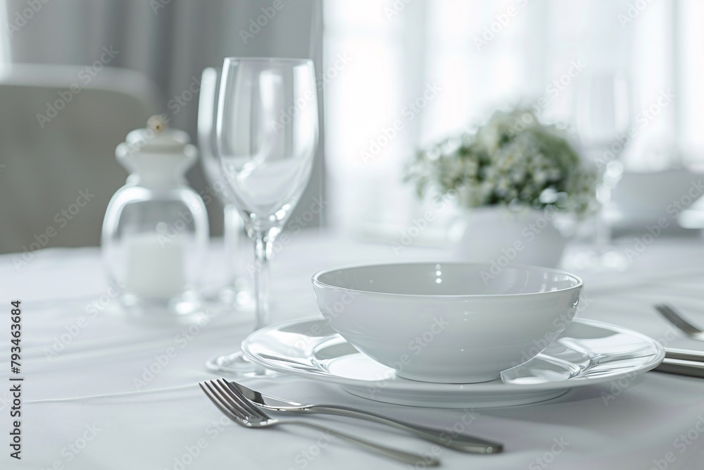 Elegantly set dining table with white porcelain dishes, glassware, and silver cutlery, all arranged on a white tablecloth. Elegantly set dining table with white porcelain dishes, glassware, and silver cutlery, all arranged on a white tablecloth.