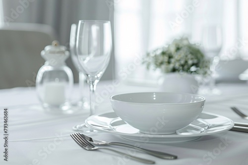 Elegantly set dining table with white porcelain dishes, glassware, and silver cutlery, all arranged on a white tablecloth.