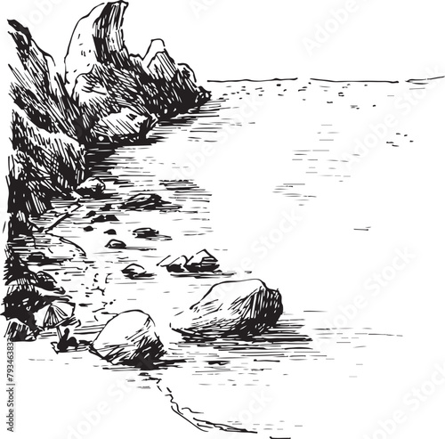 Summer Beach with Rocks ink illustration. Stone, rock texture drawing. Landscape minimal illustration.