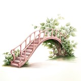 Wooden bridge with green leaves. Watercolor hand drawn illustration.