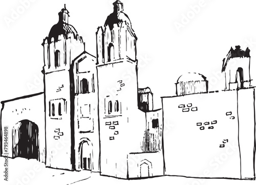 Church of Santo Domingo de Guzman ink illustration. Architecture ink sketch. Building structure vector black and white drawing isolated.