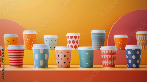 A captivating ad campaign showcasing cups that transform color and pattern with the drinkers mood Highlight the dynamic nature of the product in a visually engaging way photo