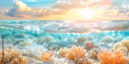 Sea jellyfish swims in the sea under water among the bright coral reefs