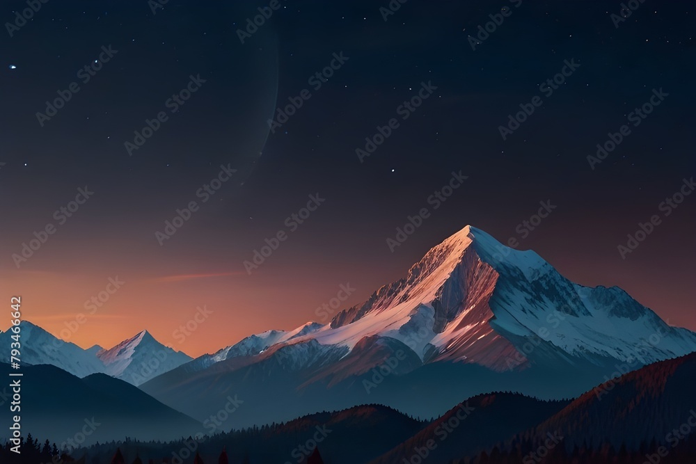 moonrise over a mountain range, snow - capped peaks illuminated by moonlight, mystical aura Generative AI moonrise over a mountain range, snow - capped peaks illuminated by moonlight, mystical aura Generative AI