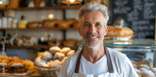 Smiling baker wearing white apron standing in front of bakery with pastries on display