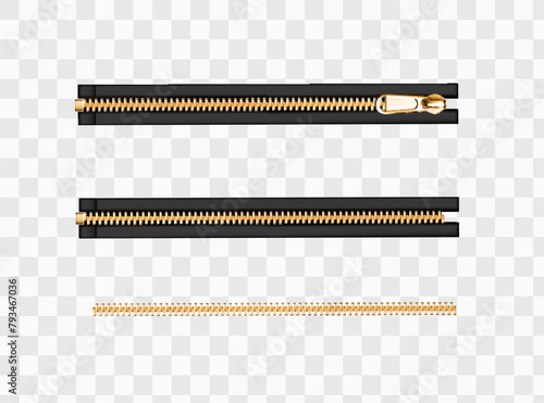 Metal zip fasteners, silver golden zippers with differently shaped puller and closed black fabric tape, clothing hardware isolated on transparent background, Realistic 3d vector illustration