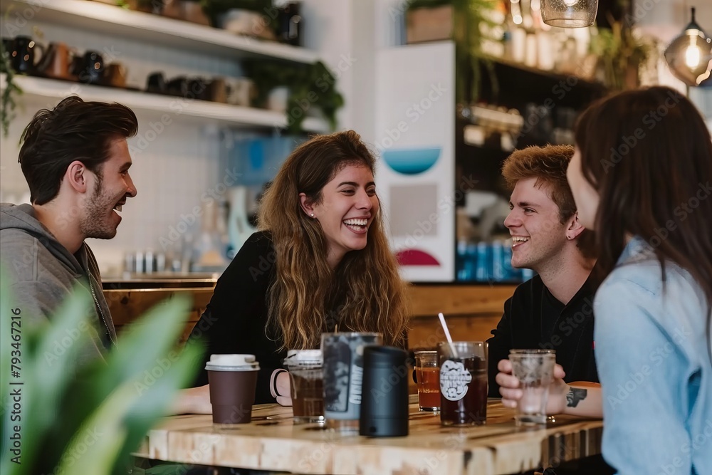 Group of happy young friends talking and drinking coffee in a pub. Group of happy young friends talking and drinking coffee in a pub.