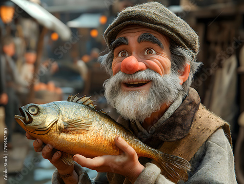 A smiling fisherman character, blurred background, 3d animation character.