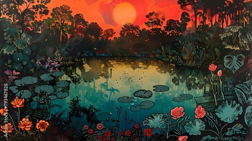 Sunset lakeside and cottage garden illustration poster background