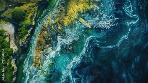 Aerial view of dynamic meeting two different colored water bodies photo