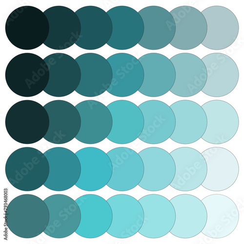 Teal color gradient circles. Cool tone palette guide. Decorative round shapes arrangement. Vector illustration. EPS 10.
