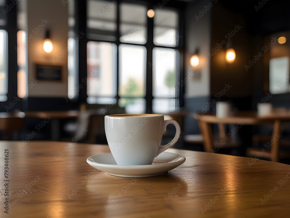 Cup of coffee on wooden table in coffee shop coworking Cup of coffee on wooden table in coffee shop coworking