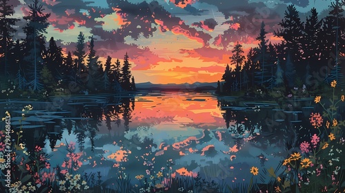 Sunset lakeside and cottage garden illustration poster background