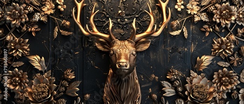 A luxurious golden deer surrounded by intricate floral decor set against a dark, elegant background. © Pirasut