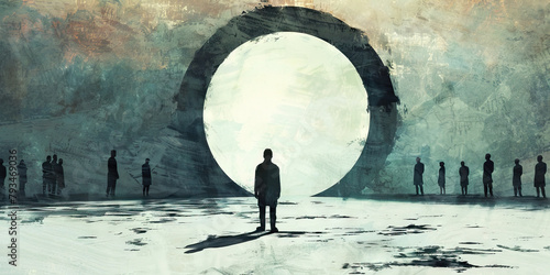 Alienation: The Outsider and Closed Circle - Picture an outsider looking in at a closed circle, illustrating the alienation and isolation often experienced by those outside of a cult photo