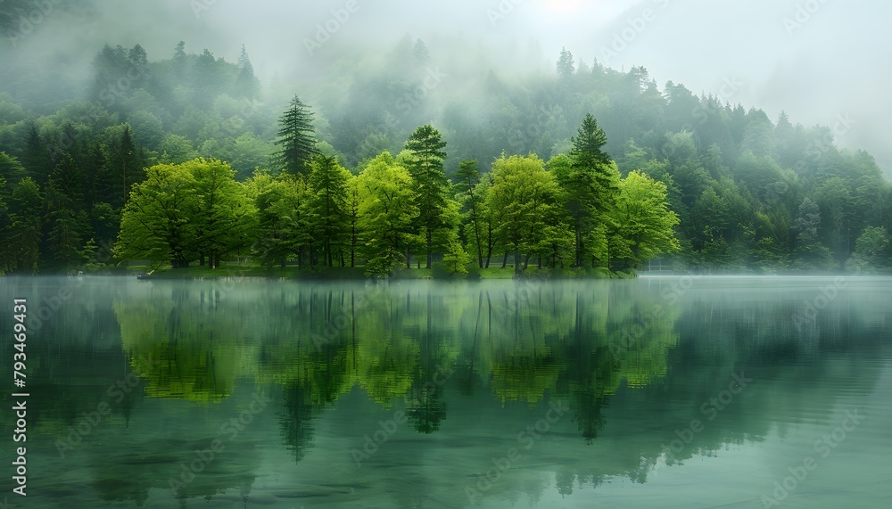 Morning Tranquility: Tranquil Lake Reflections with Misty Morning Forest Trees in a Serene Water Landscape Ideal for Peaceful Contemplation Morning Tranquility: Tranquil Lake Reflections with Misty Morning Forest Trees in a Serene Water Landscape Ideal for Peaceful Contemplation