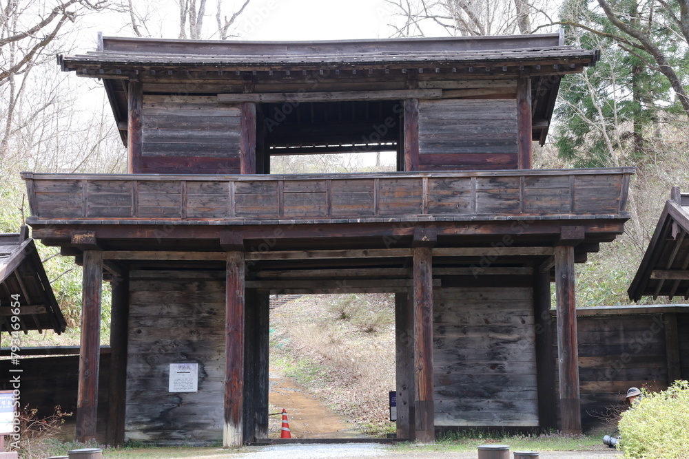 藤原の郷の風景。大和朝廷時代の城柵、伊治城の柵。 Stock Photo Adobe Stock