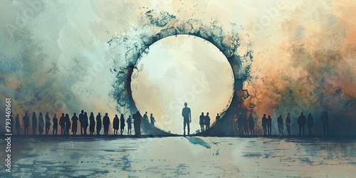 Alienation: The Outsider and Closed Circle - Picture an outsider looking in at a closed circle, illustrating the alienation and isolation often experienced by those outside of a cult