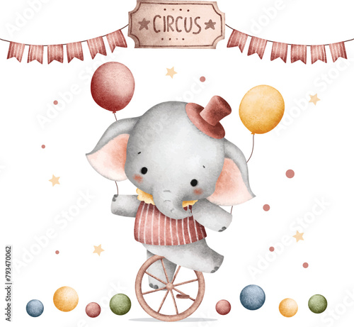 Watercolor Illustration Cute Baby Elephant Plays Circus