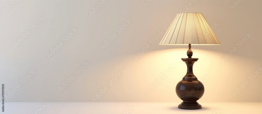 A simple table lamp illuminating on a flat surface with a plain white backdrop A simple table lamp illuminating on a flat surface with a plain white backdrop